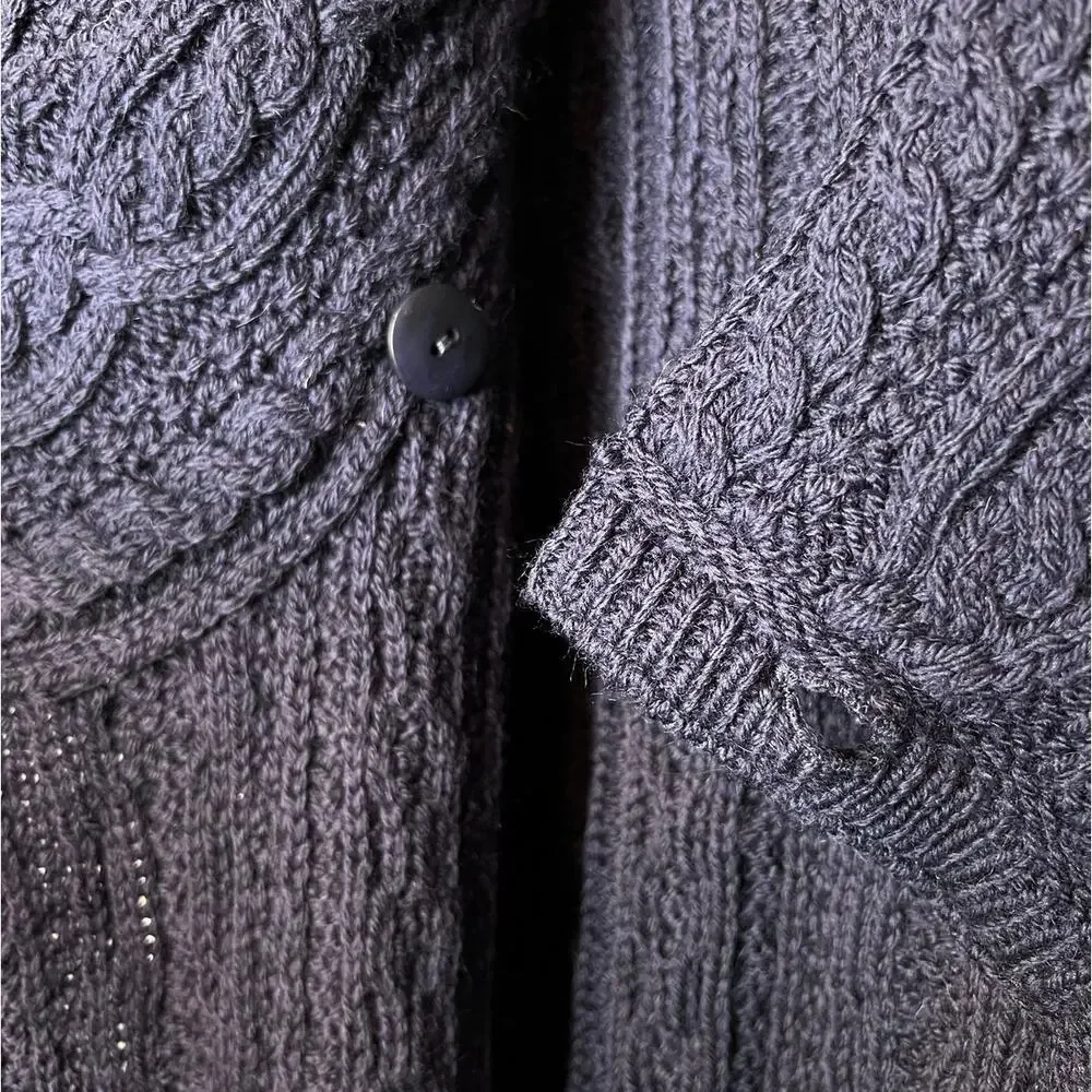 Aran Crafts 100% Merino Wool Cable Knit Coatigan in Navy Blue Women’s Large